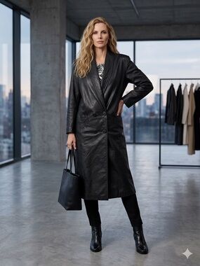 ADA ADVANCED DESIGN Black Leather Double-Breasted Trench Coat, Made in Korea